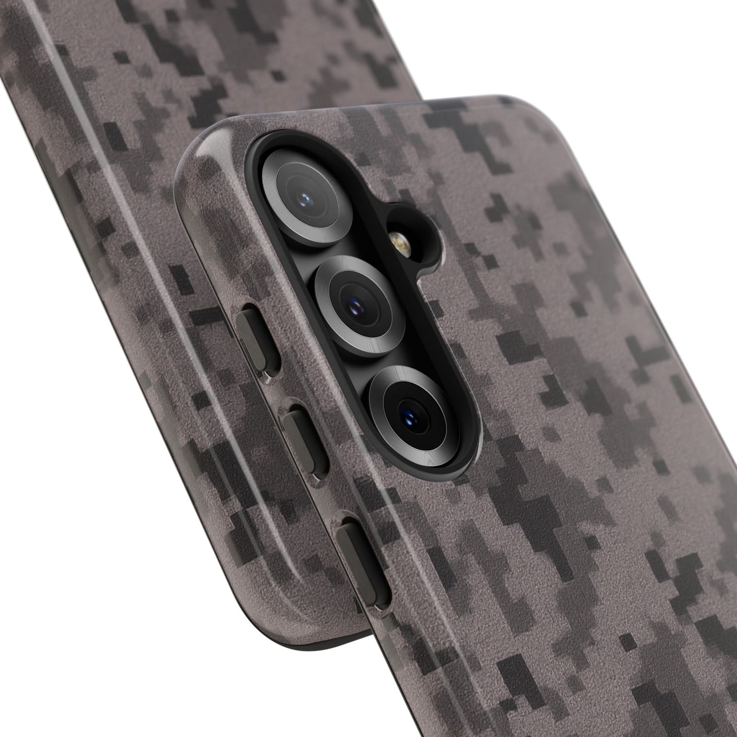Gray digital camouflage phone case by Printify, tough protective cover designed for smartphones with a rugged camouflage pattern.