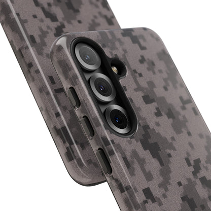 Gray digital camouflage phone case by Printify, tough protective cover designed for smartphones with a rugged camouflage pattern.