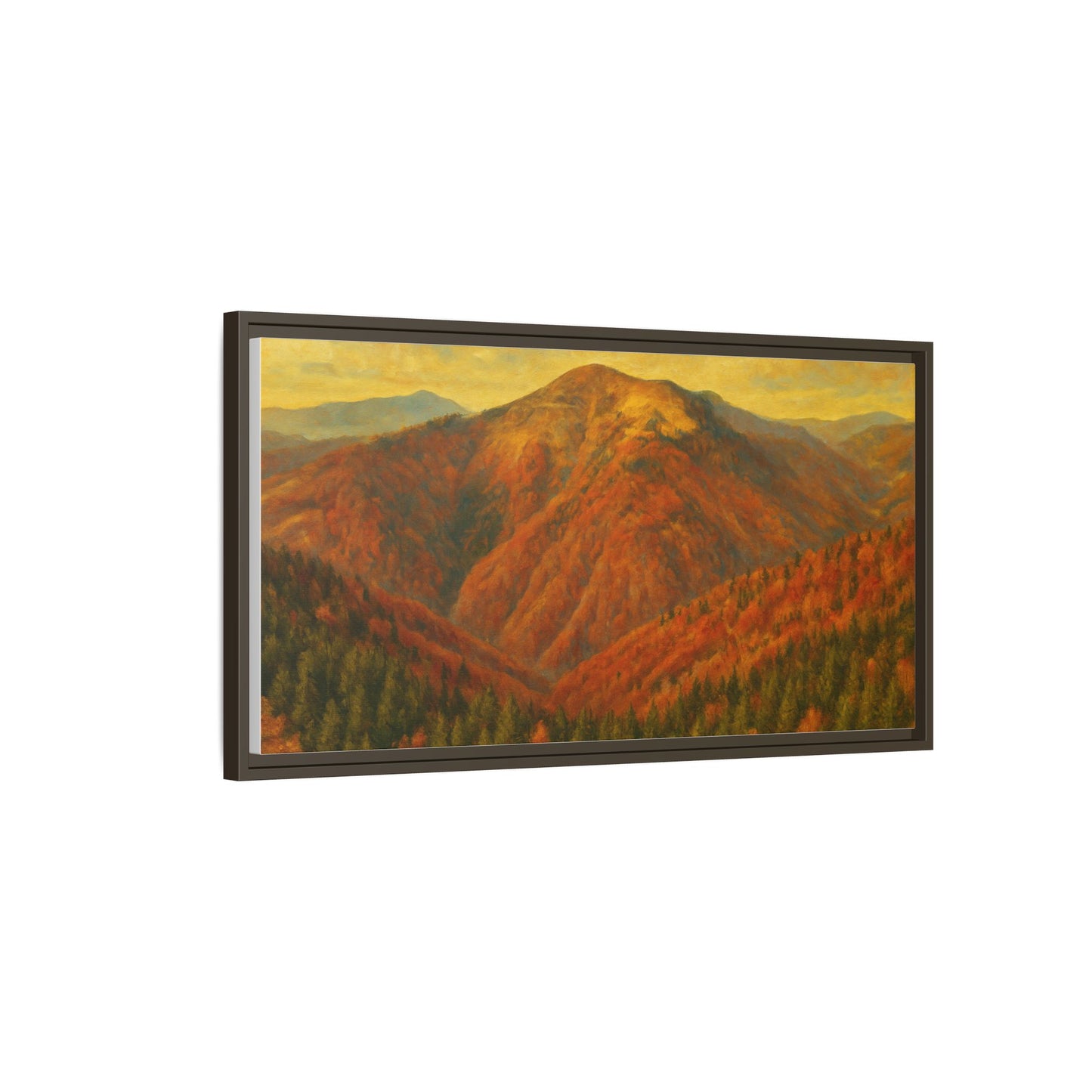 Autumn Mountain matte canvas framed wall art by Printify showing a scenic mountain landscape with fall foliage.