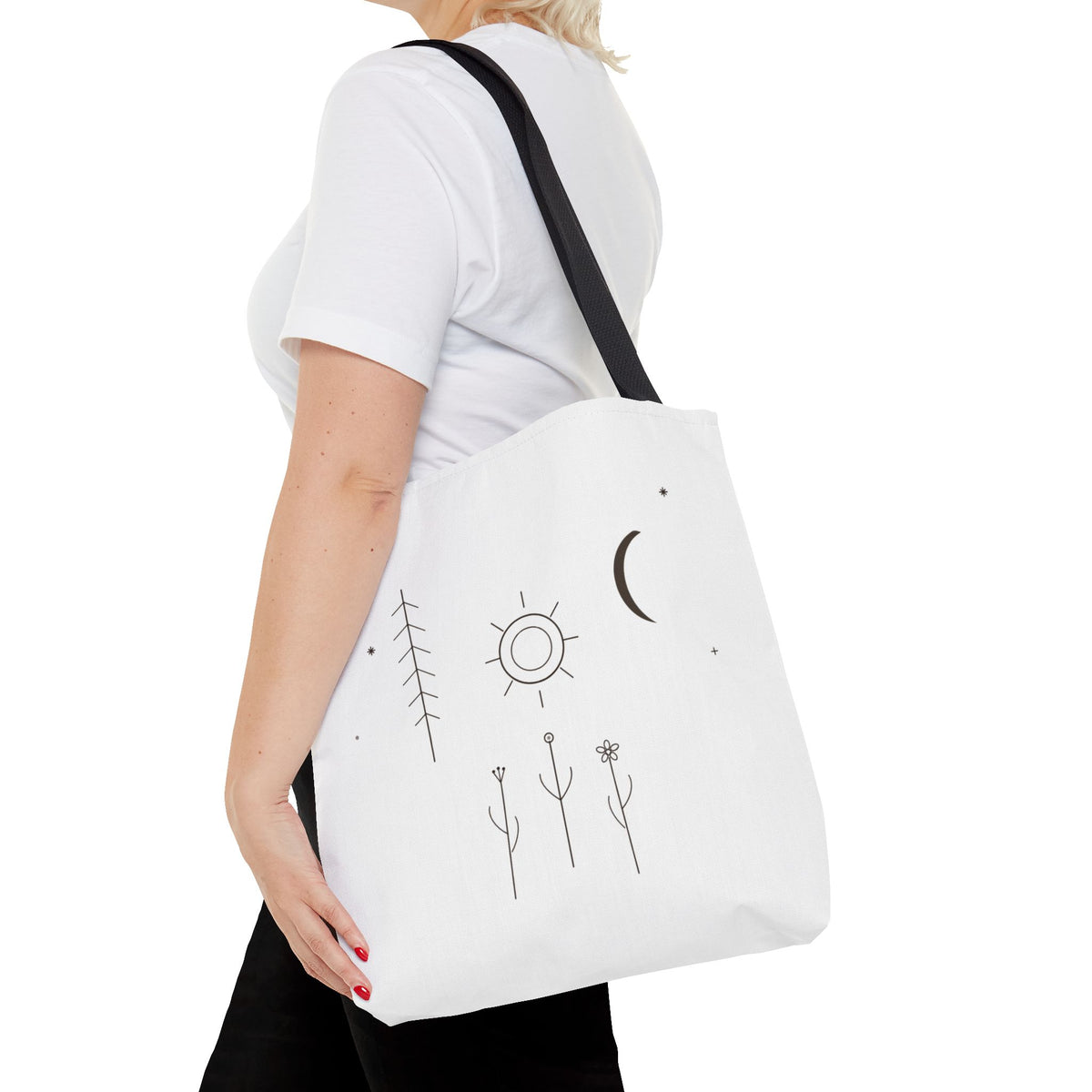 Minimal Moon and Sun botanical tote bag with celestial line art design, featuring nature-inspired motifs on durable fabric.
