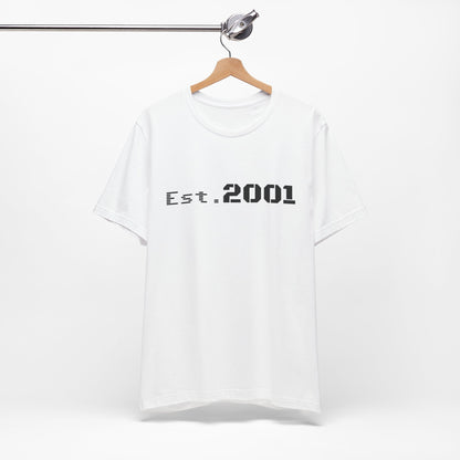 Retro minimalist Est. 2001 graphic T-shirt by Printify featuring a simple birth year design on a casual cotton tee.