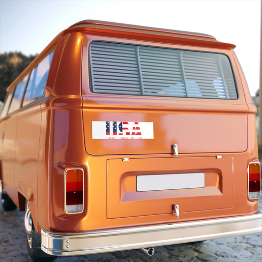 USA flag bumper sticker with red, white, and blue patriotic design on paper decal, ideal for car or travel decoration.