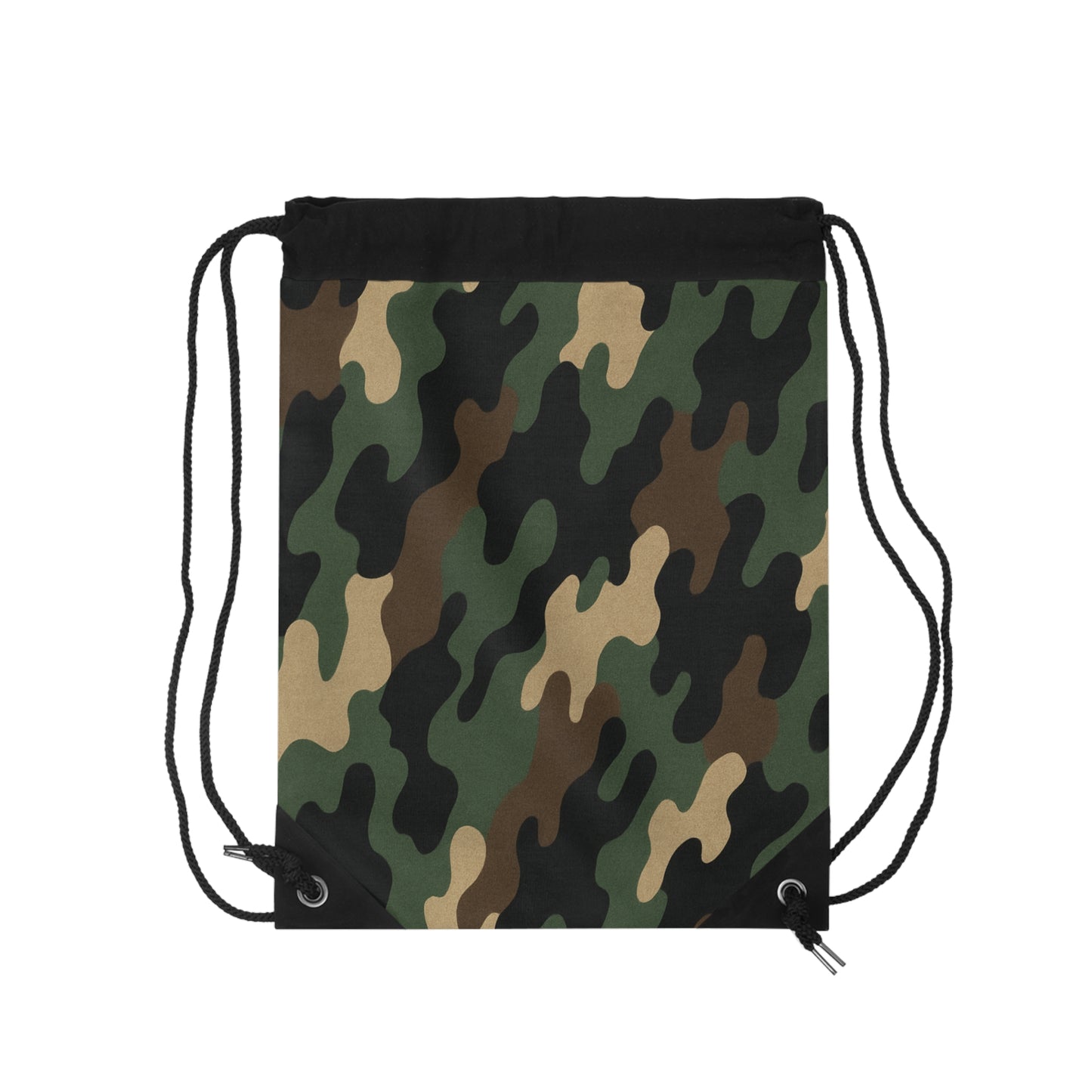 Green woodland camo drawstring bag by Printify, featuring a camouflage design and adjustable drawstring closure for gym or casual use.