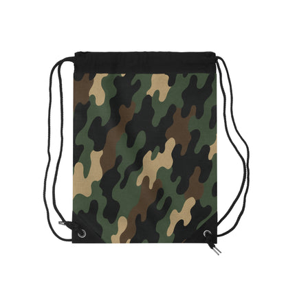 Green woodland camo drawstring bag by Printify, featuring a camouflage design and adjustable drawstring closure for gym or casual use.