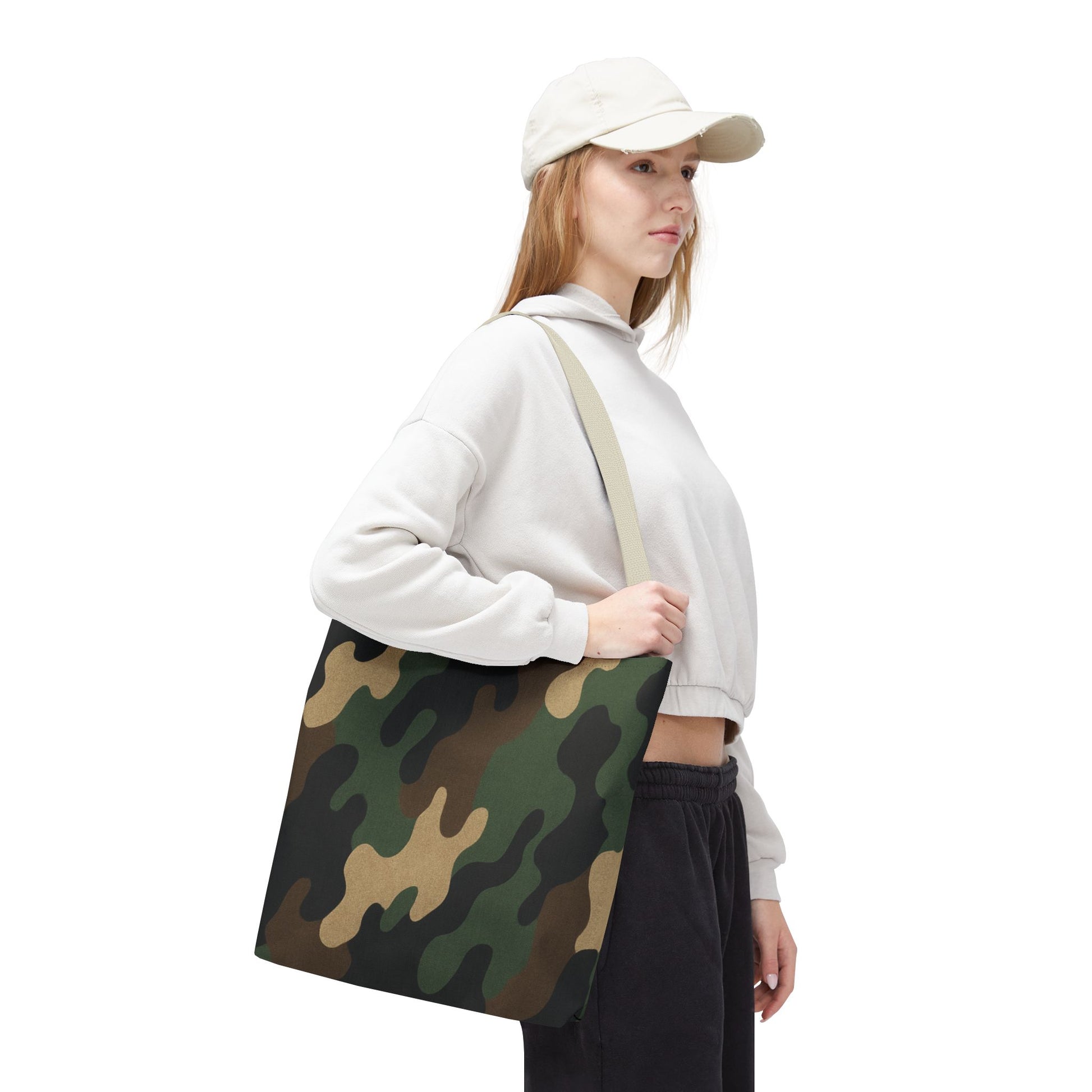 Camo pattern tote bag from Printify featuring all-over printed canvas design, versatile carryall bag for everyday use.