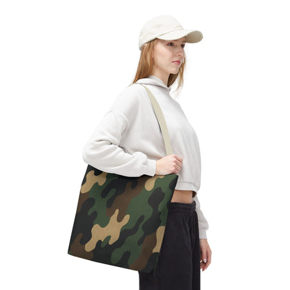 Camo pattern tote bag from Printify featuring all-over printed canvas design, versatile carryall bag for everyday use.