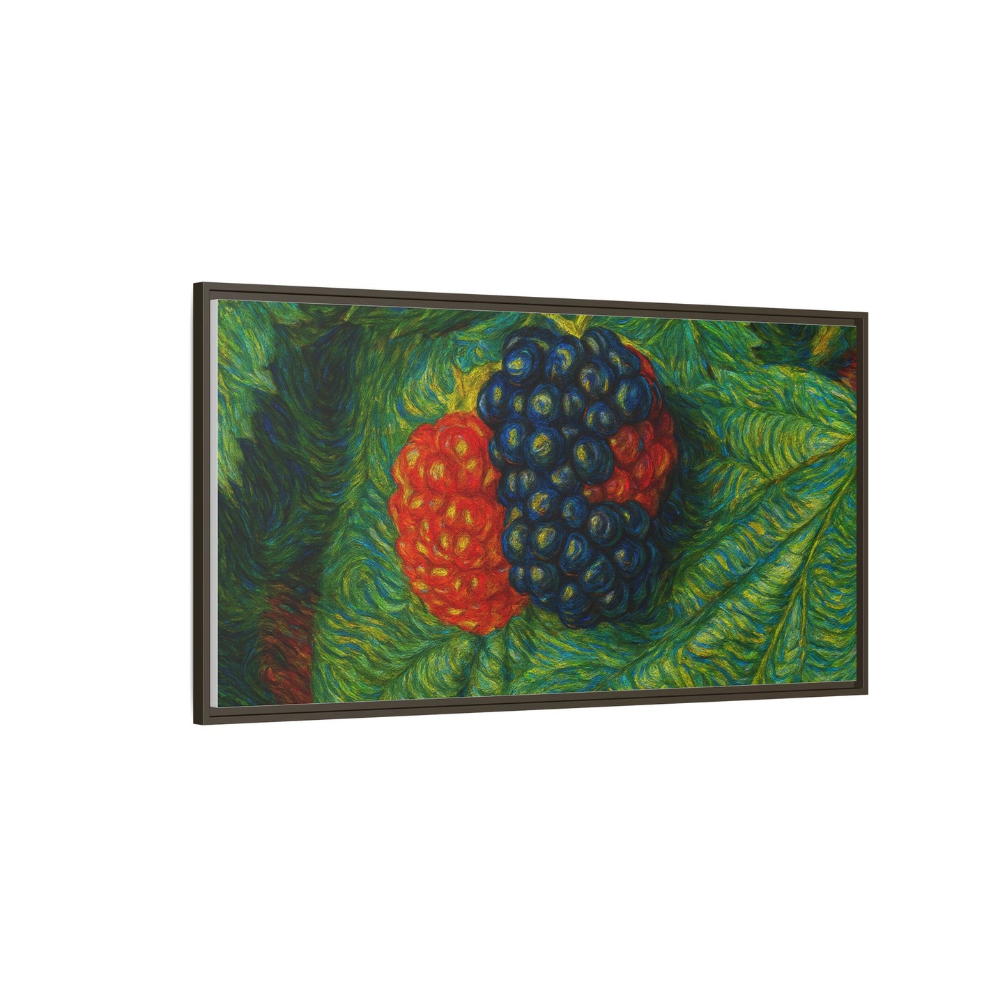 Blackberry still life framed canvas print by Printify, featuring realistic blackberries in a detailed, decorative artwork.