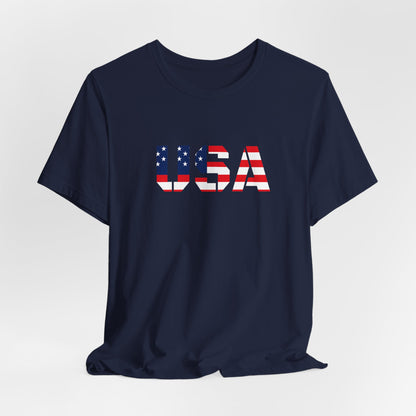 USA Flag Text Tee — Patriotic Fourth of July T-Shirt