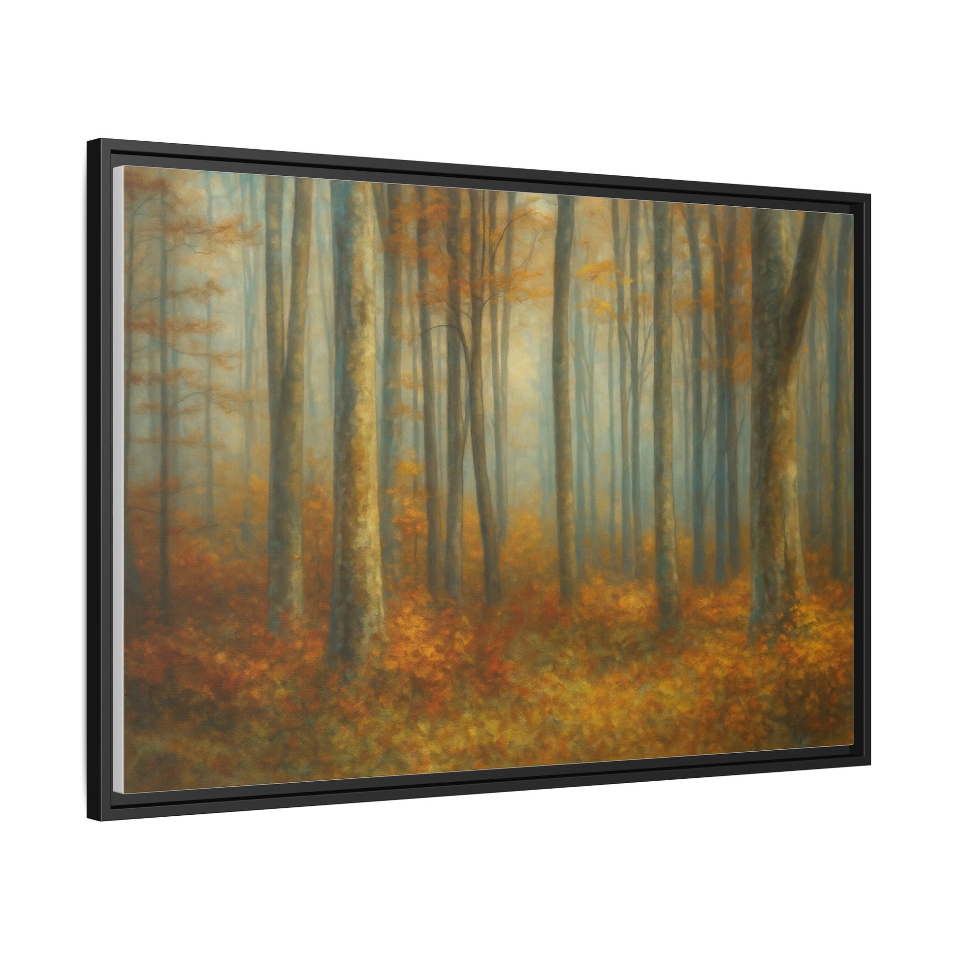 Framed autumn forest canvas print featuring misty woodland scene, wall art by Printify, with vibrant fall colors and natural scenery.