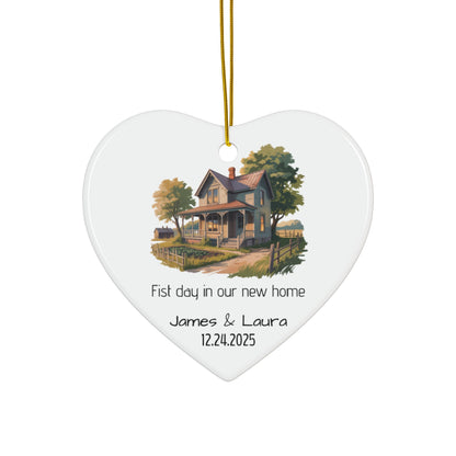 Vintage house illustration ceramic ornament with personalized name and date, decorative holiday or keepsake ornament.