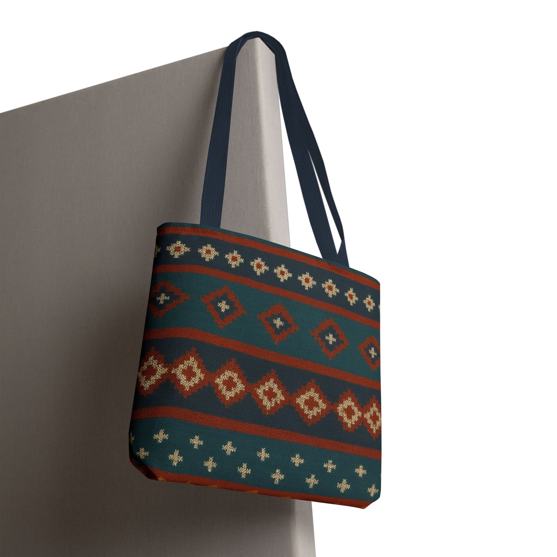 Southwestern diamond pattern tote bag with Aztec tribal geometric print, featuring sturdy handles and vibrant design.