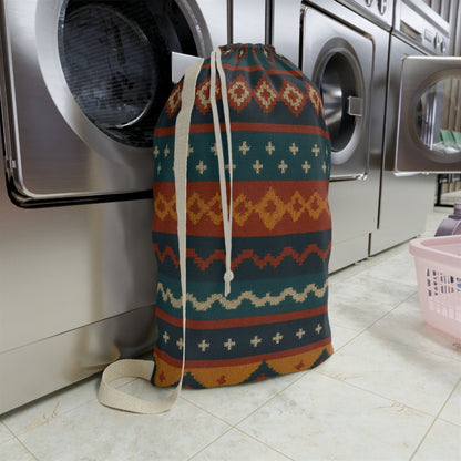 Southwestern Aztec pattern laundry bag with boho geometric design and drawstring closure, made by Printify.
