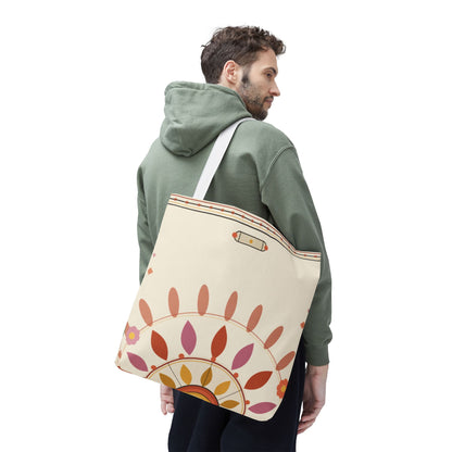 Boho floral mandala tote bag by Printify with pastel sunburst pattern, featuring colorful floral and mandala design on fabric.
