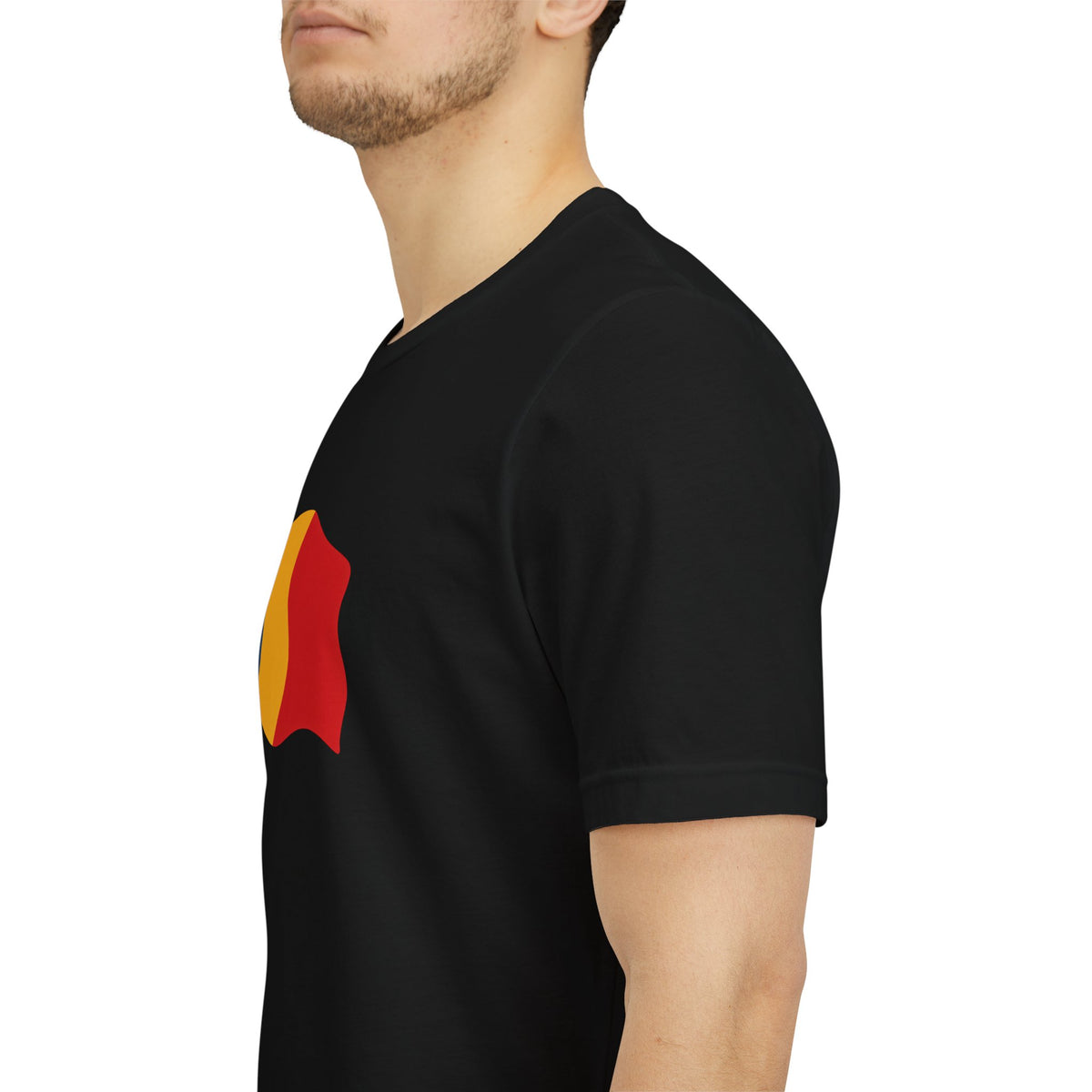 Romania Flag T-Shirt with minimal waving tricolor design, casual unisex tee by Printify showing the Romanian national flag.