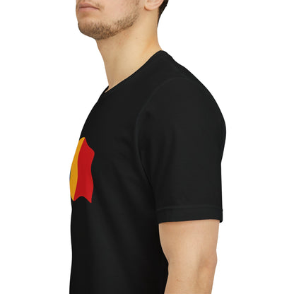 Romania Flag T-Shirt with minimal waving tricolor design, casual unisex tee by Printify showing the Romanian national flag.