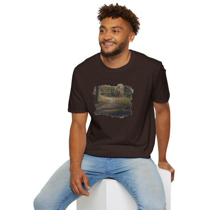 Vintage forest landscape T-shirt from Printify featuring a nature pathway design, perfect for outdoor and nature lovers.