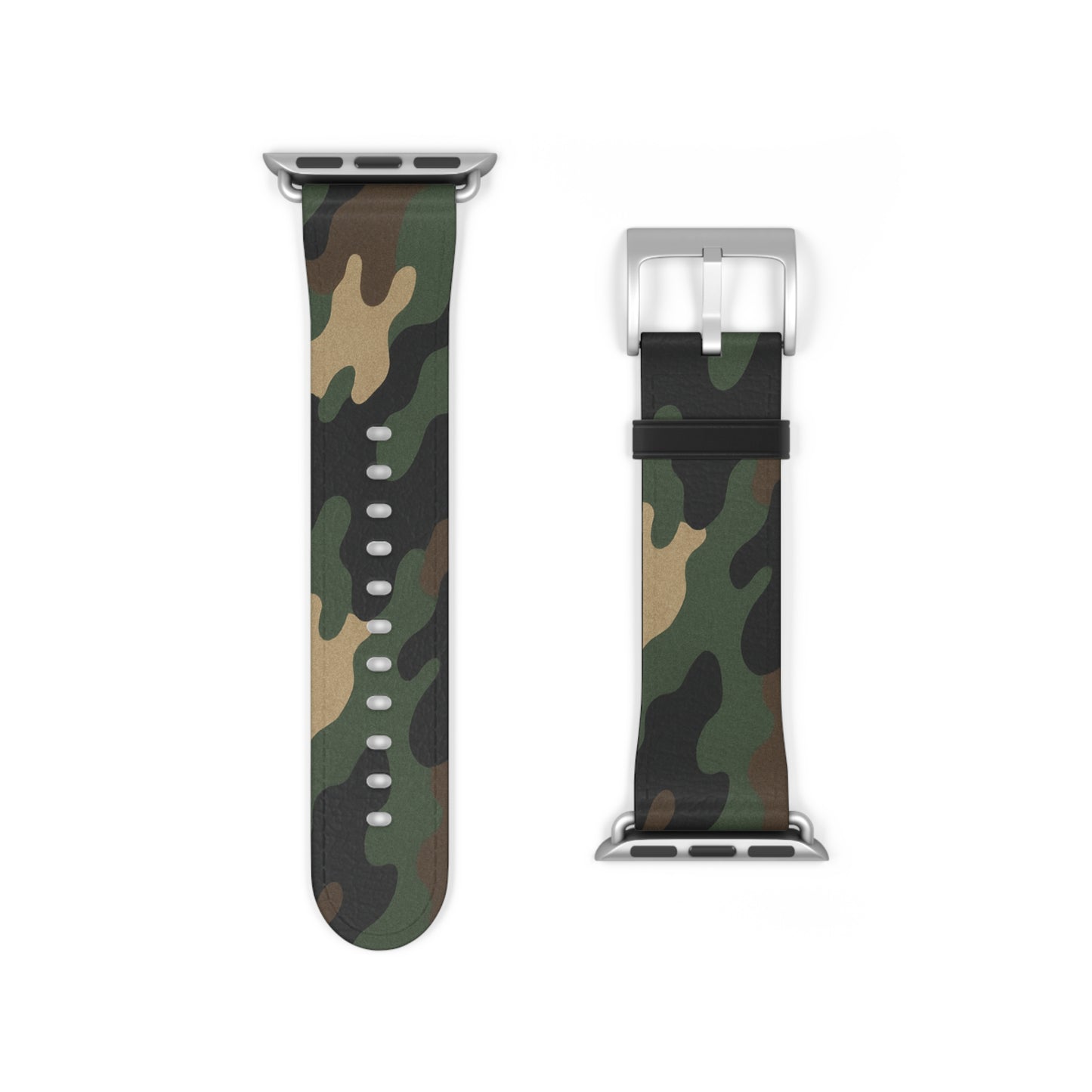 Green camouflage silicone Apple Watch strap by Printify, durable accessory with adjustable band for comfortable wear.