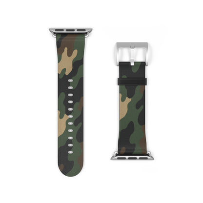 Green camouflage silicone Apple Watch strap by Printify, durable accessory with adjustable band for comfortable wear.