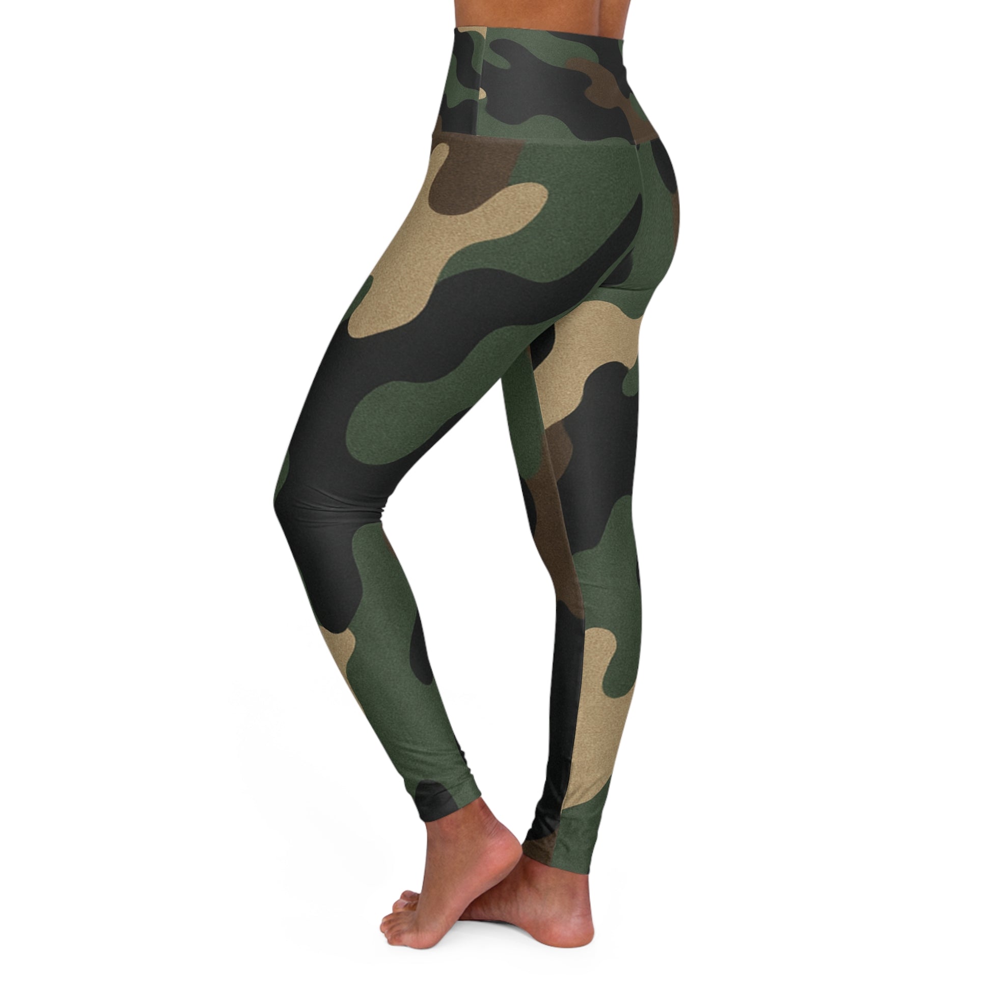 Olive green camo high-waisted yoga leggings with military print featuring all-over camouflage design by Printify.