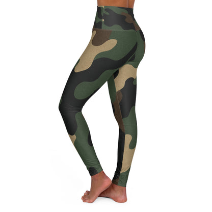 Olive green camo high-waisted yoga leggings with military print featuring all-over camouflage design by Printify.