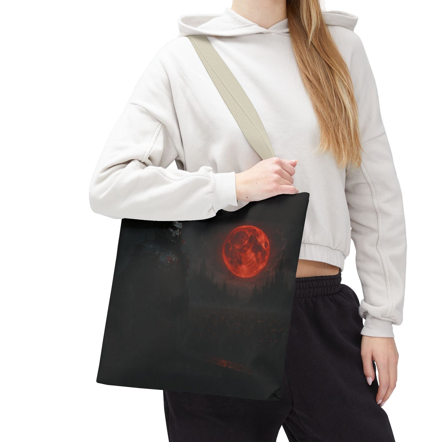 Gothic Dracula tote bag with moonlit vampire art, ideal for Halloween, made by Printify, featuring dark, spooky design.