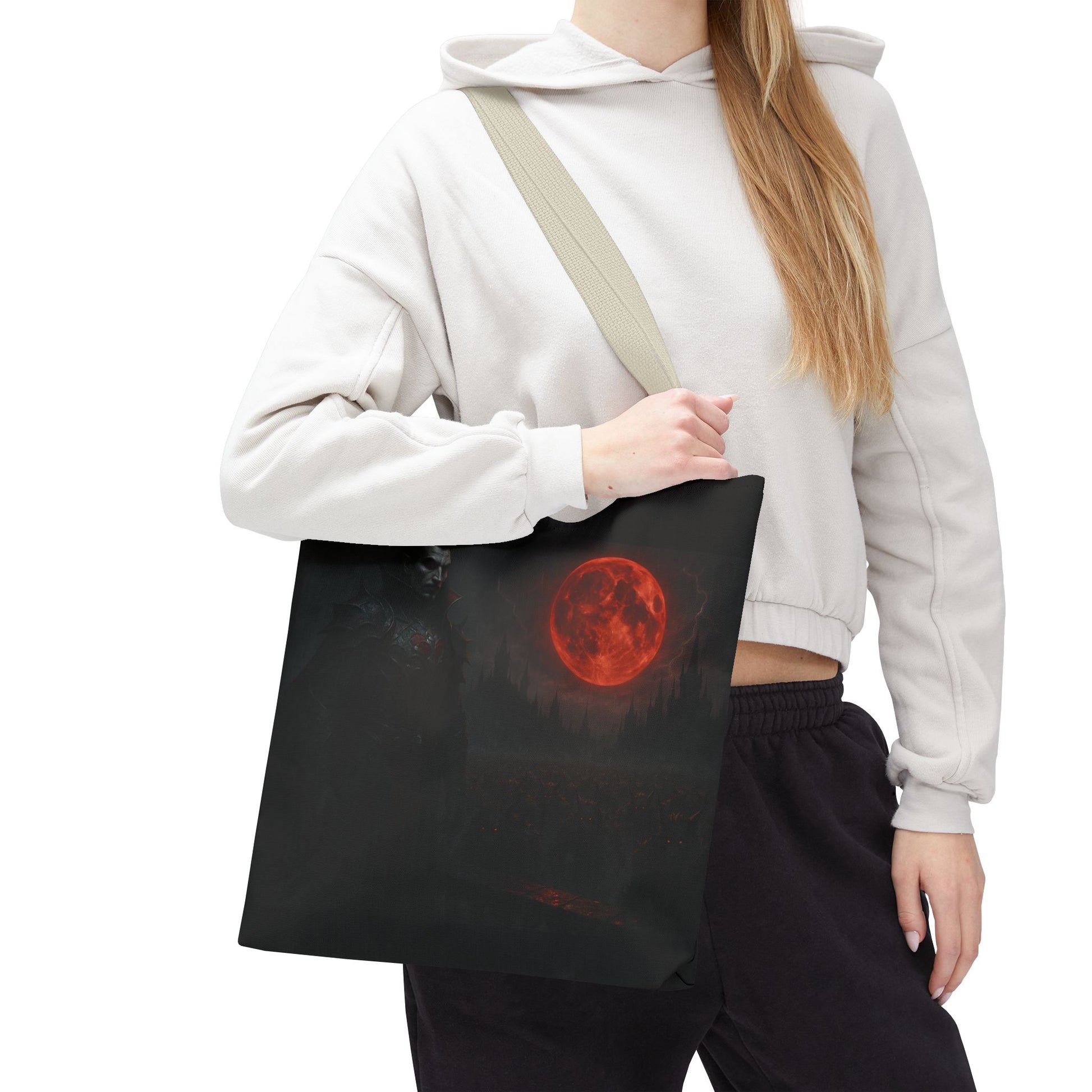 Gothic Dracula tote bag with moonlit vampire art, ideal for Halloween, made by Printify, featuring dark, spooky design.