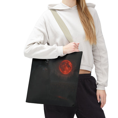 Gothic Dracula tote bag with moonlit vampire art, ideal for Halloween, made by Printify, featuring dark, spooky design.