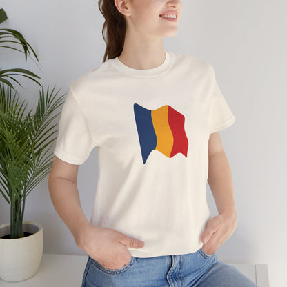 Romania flag T-shirt by Printify featuring a minimal waving tricolor design, casual unisex tee for patriotic style.