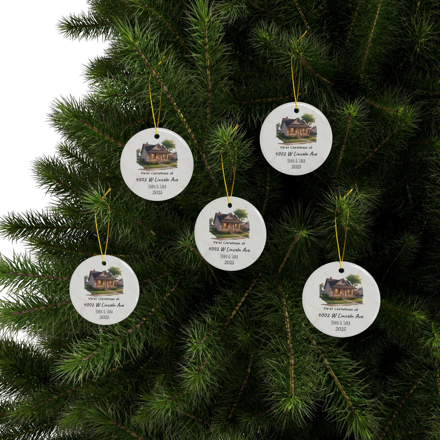 Personalized ceramic ornament with custom house illustration, address, and names on both sides, ideal for Christmas decoration.