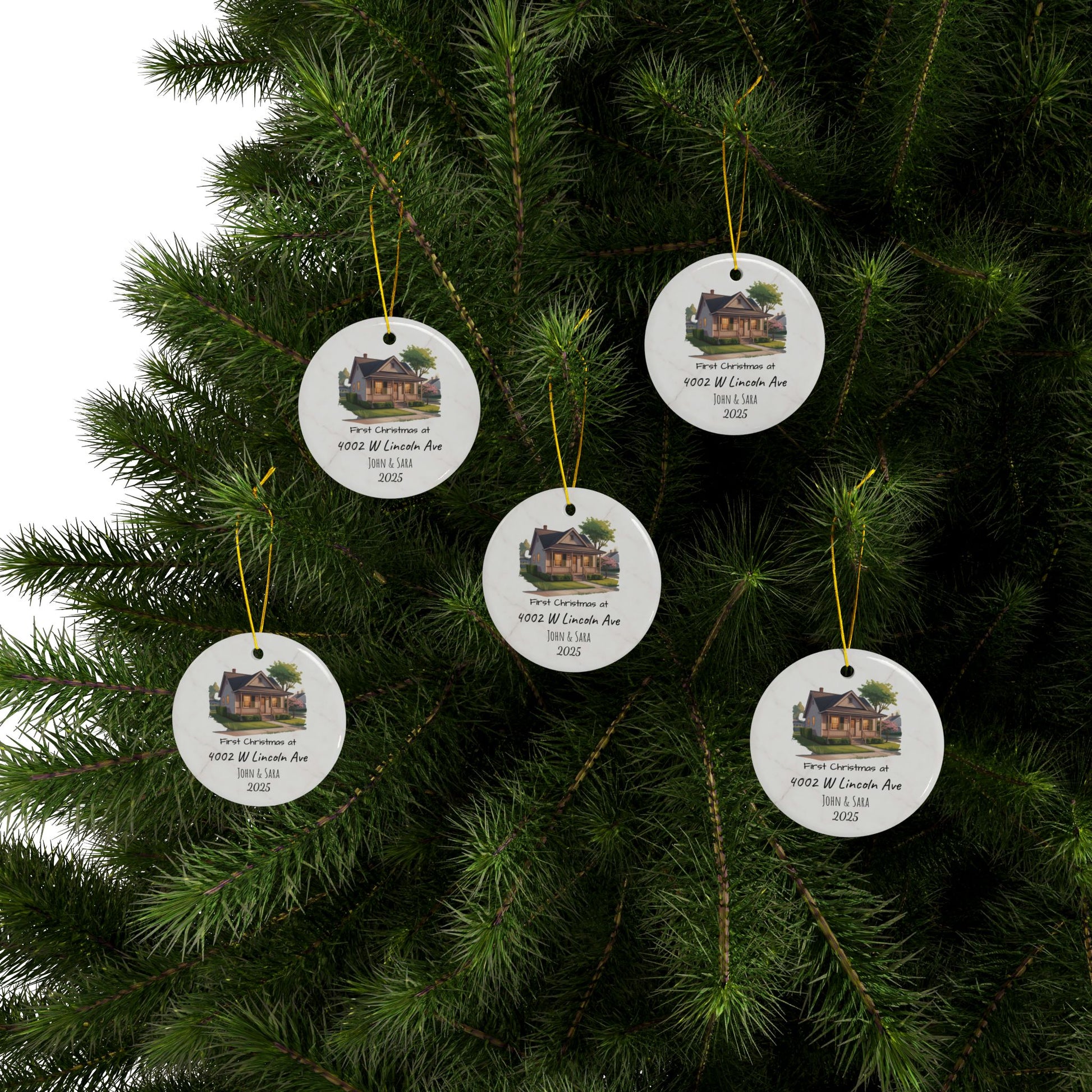 Personalized ceramic ornament with custom house illustration, address, and names on both sides, ideal for Christmas decoration.