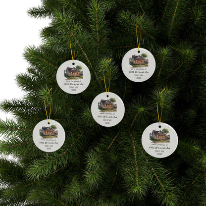 Personalized ceramic ornament with custom house illustration, address, and names on both sides, ideal for Christmas decoration.