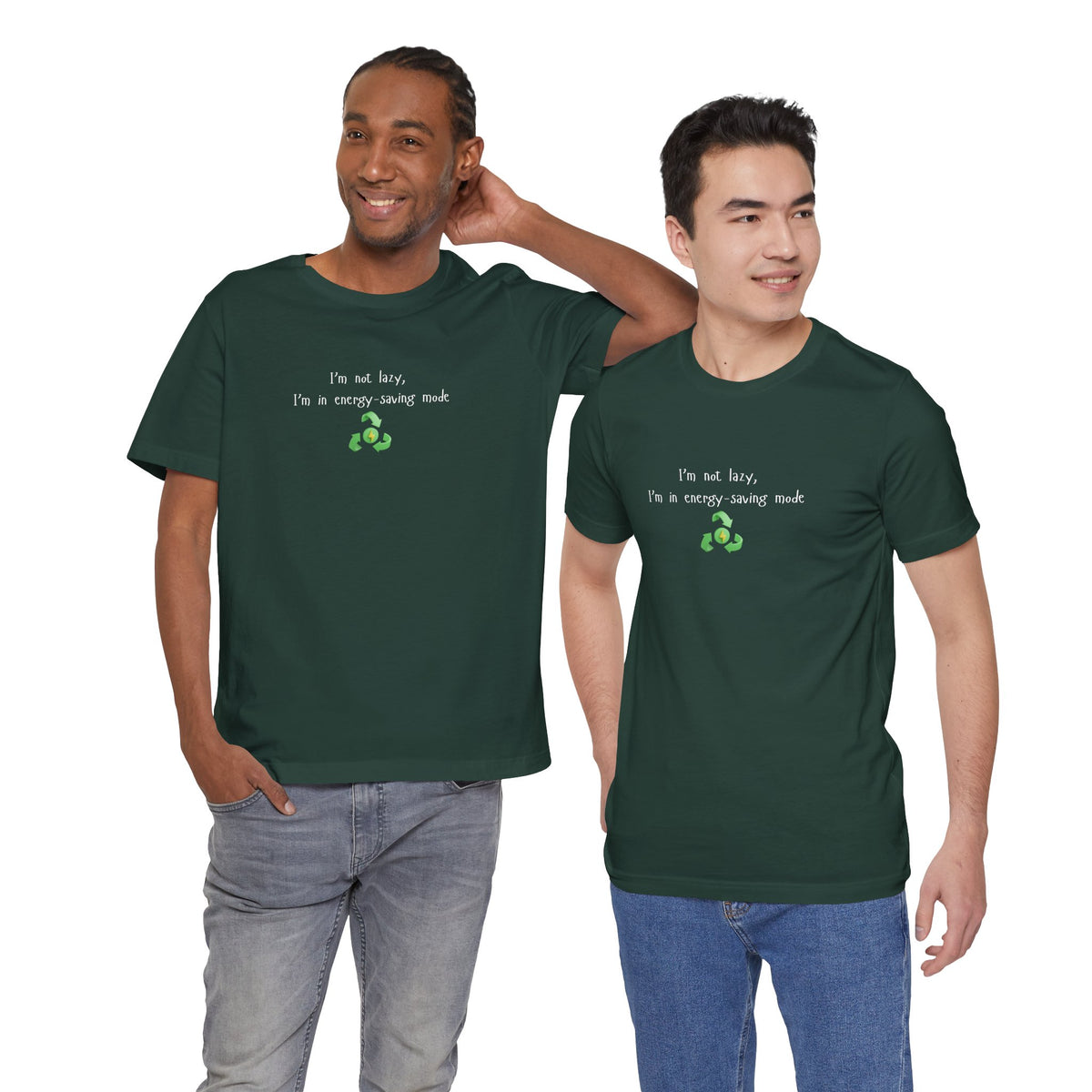 Eco-friendly mock T-shirt by Printify featuring humorous "I’m Not Lazy, I’m an Energy-Saving Mock" print on soft cotton fabric.