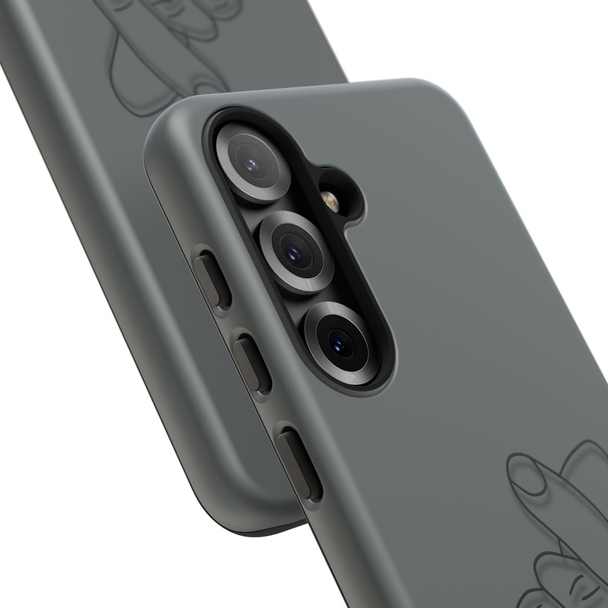 Silicone phone case with embossed Korean finger heart design, featuring a stylish and protective Printify accessory for smartphones.
