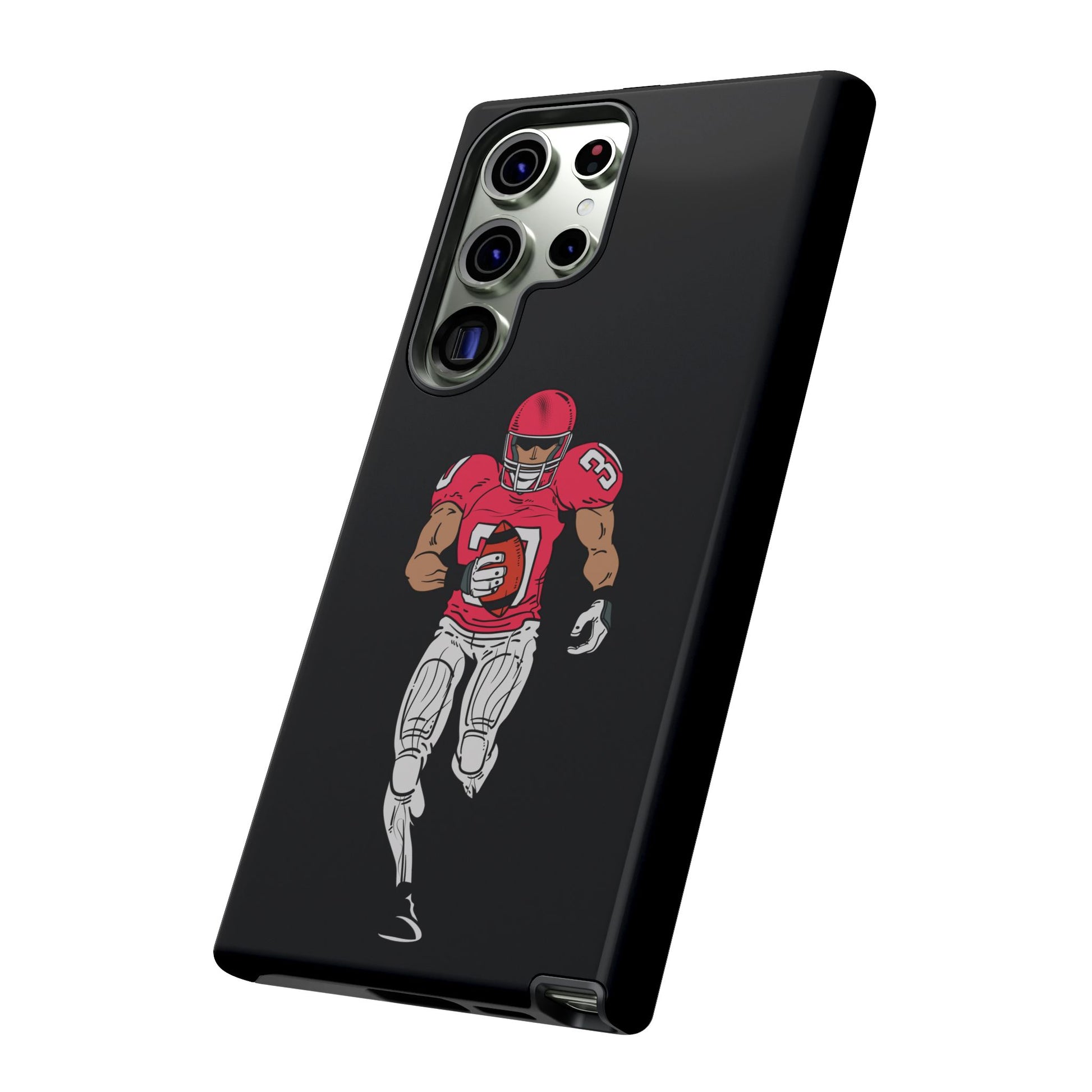 Black protective football player sports phone case for iPhone, featuring a tough design by Printify.