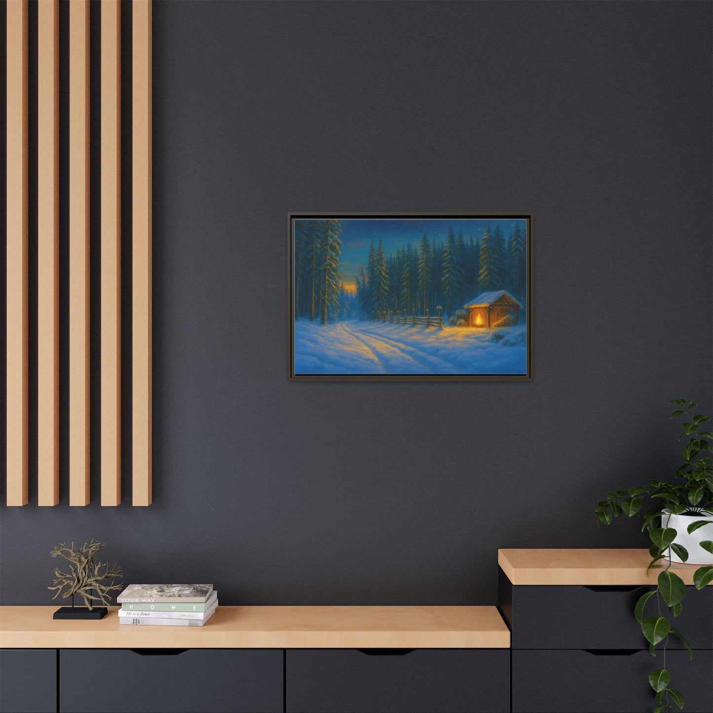 Cozy winter cabin matte framed canvas print depicting a snowy forest evening scene, ideal for wall decor.