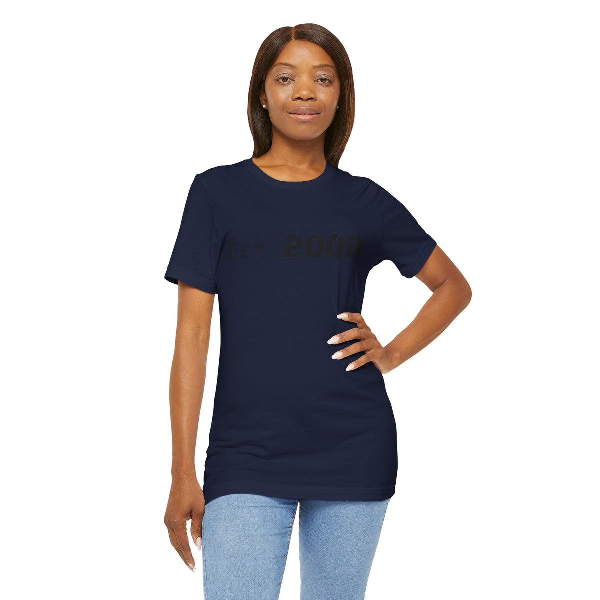 Black graphic T-shirt by Printify featuring "Established 2008" text and minimal design on the front.