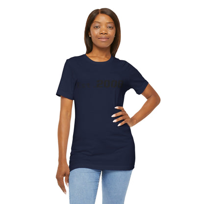 Black graphic T-shirt by Printify featuring "Established 2008" text and minimal design on the front.