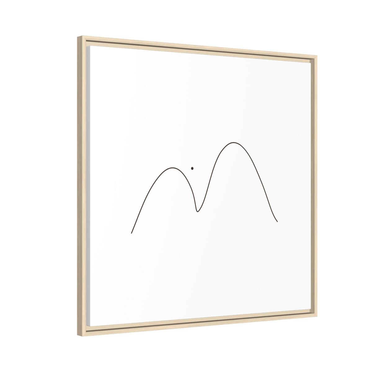 Framed matte canvas featuring minimalist mountain line art by Printify, showcasing simple black mountain outlines on white background.