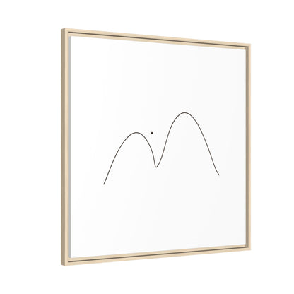 Framed matte canvas featuring minimalist mountain line art by Printify, showcasing simple black mountain outlines on white background.