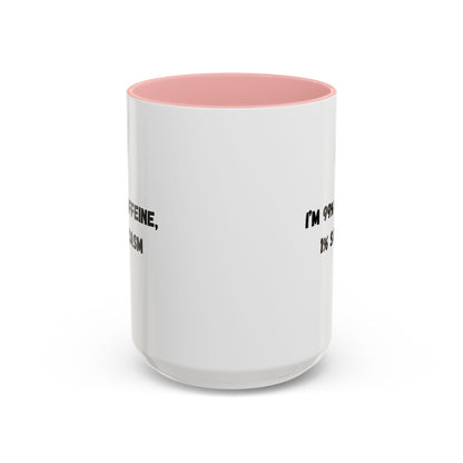 Ceramic coffee mug with "I'm 99% Caffeine, 1% Sarcasm" print, featuring a white background and bold black text.