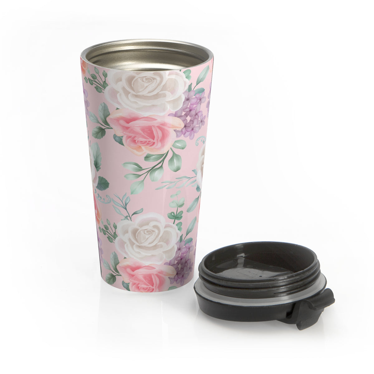 Pink watercolor rose 15oz insulated stainless steel travel mug