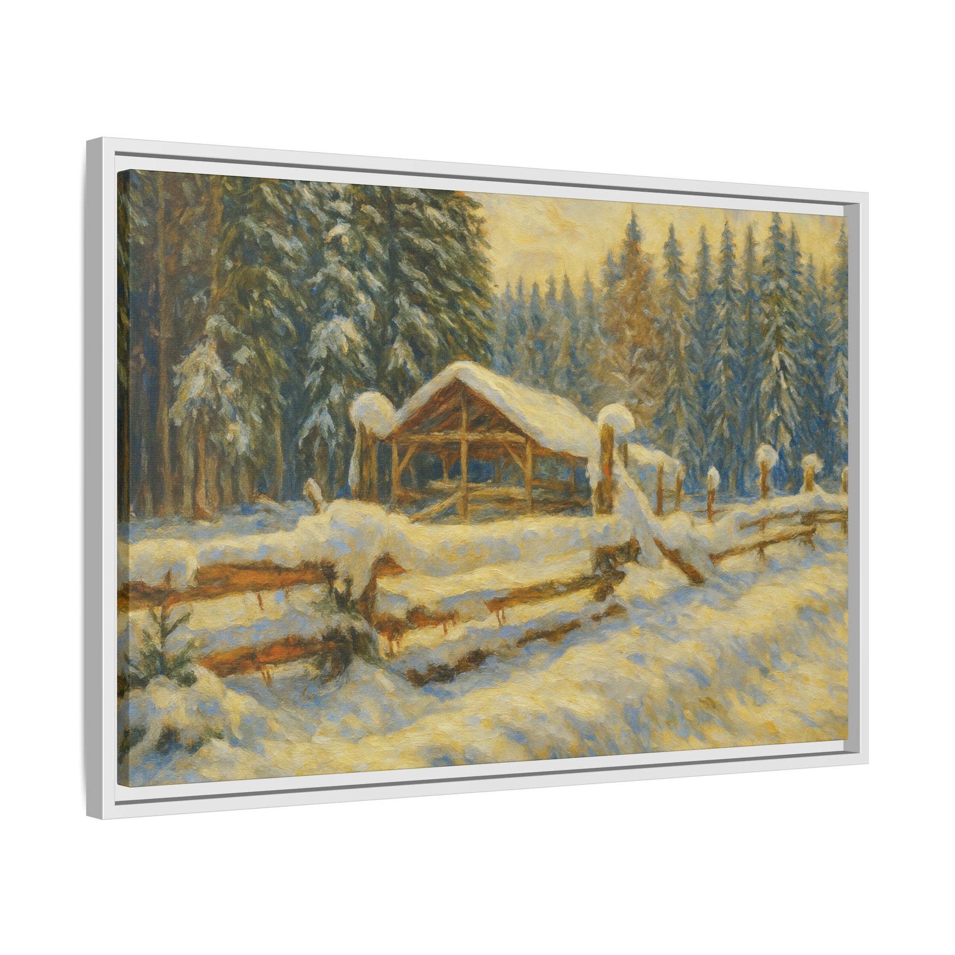 Snowy cabin winter landscape canvas wall art by Printify, featuring a cozy cabin scene in a snowy forest setting.