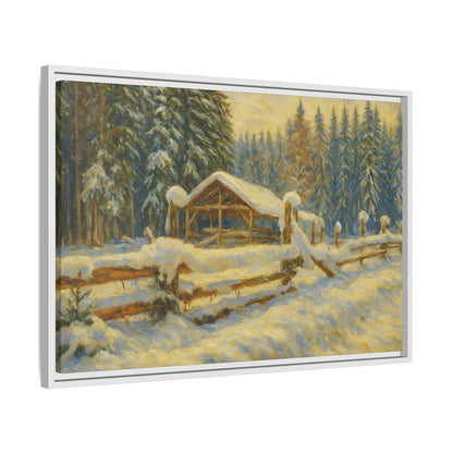 Snowy cabin winter landscape canvas wall art by Printify, featuring a cozy cabin scene in a snowy forest setting.
