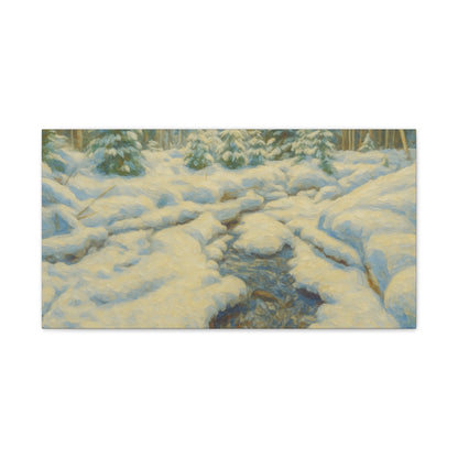 Snowy forest stream winter landscape canvas wall art by Printify, depicting a serene snowy woodland scene with a flowing stream.