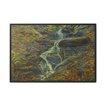 Framed matte canvas wall art featuring a scenic autumn forest and waterfall, showcasing vibrant fall colors and nature scene.