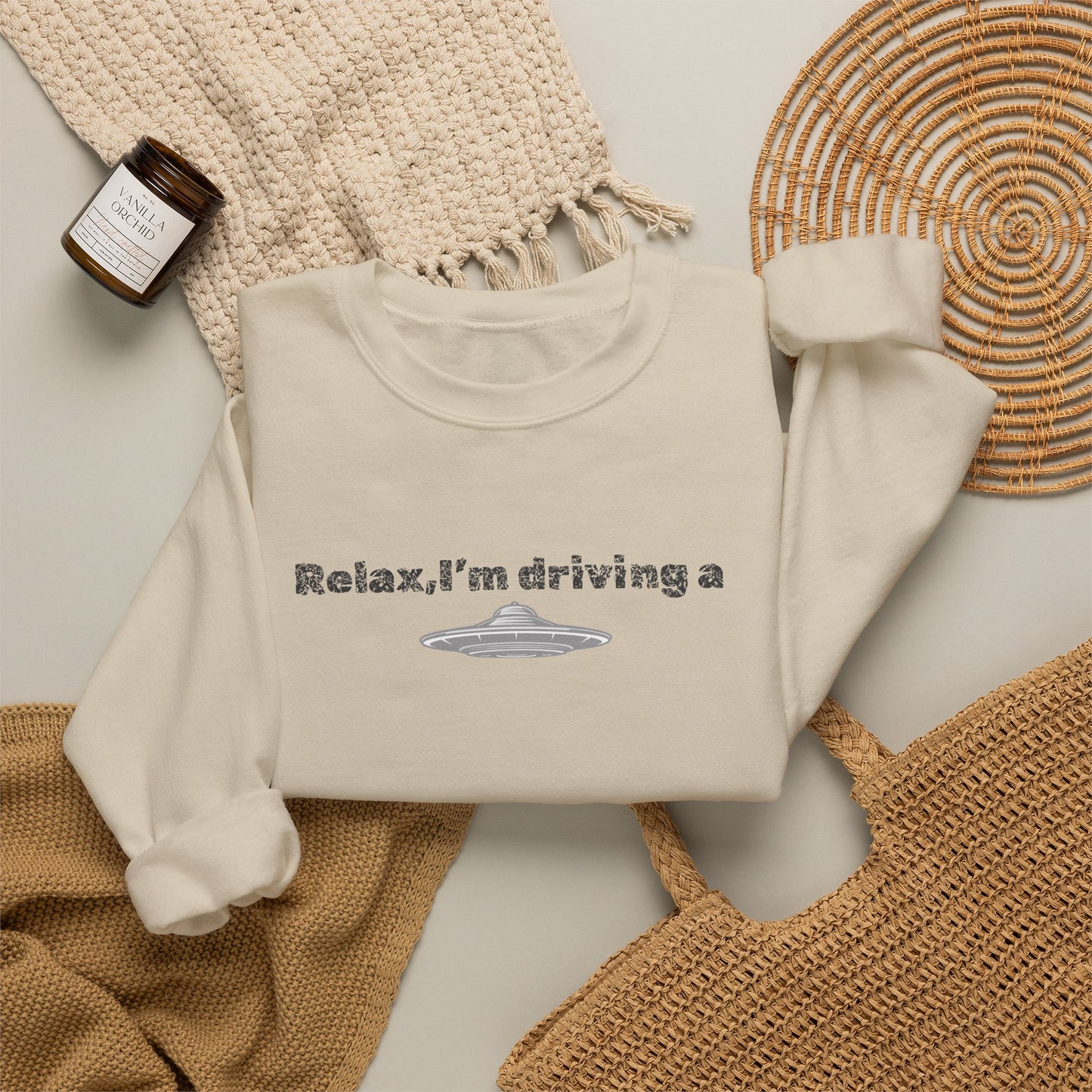 Relaxing UFO Driving Sweatshirt, Funny Gift for UFO Lovers, Unisex Crewneck Pullover, Casual Wear, Space Enthusiast Apparel