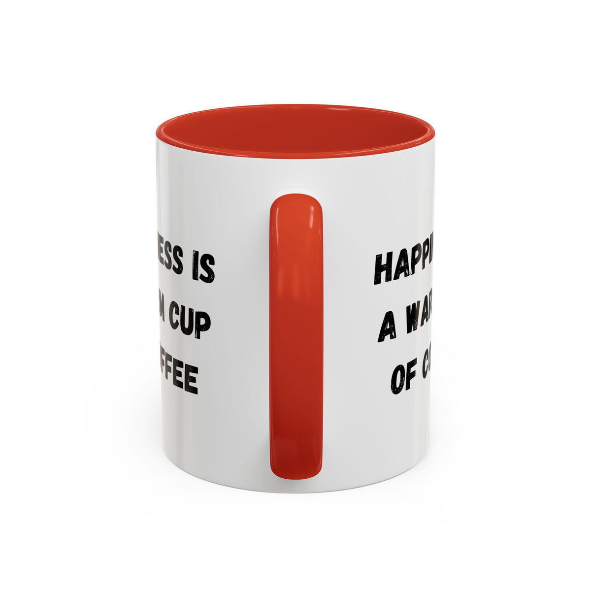 White ceramic coffee mug with "Happiness Is A Warm Cup Of Coffee" print, featuring a simple, clean design and a sturdy handle.