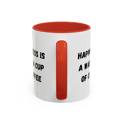 White ceramic coffee mug with "Happiness Is A Warm Cup Of Coffee" print, featuring a simple, clean design and a sturdy handle.