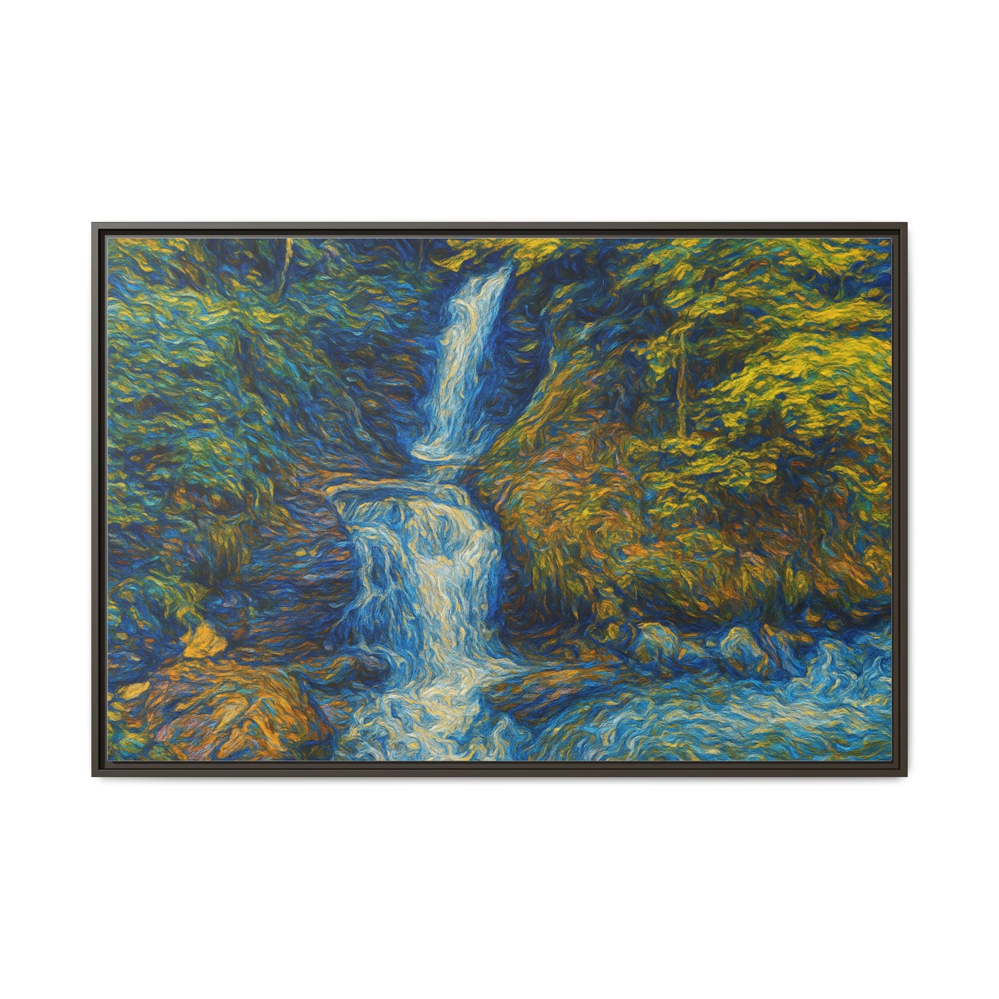 Framed matte canvas print featuring an impressionist waterfall landscape wall art by Printify.