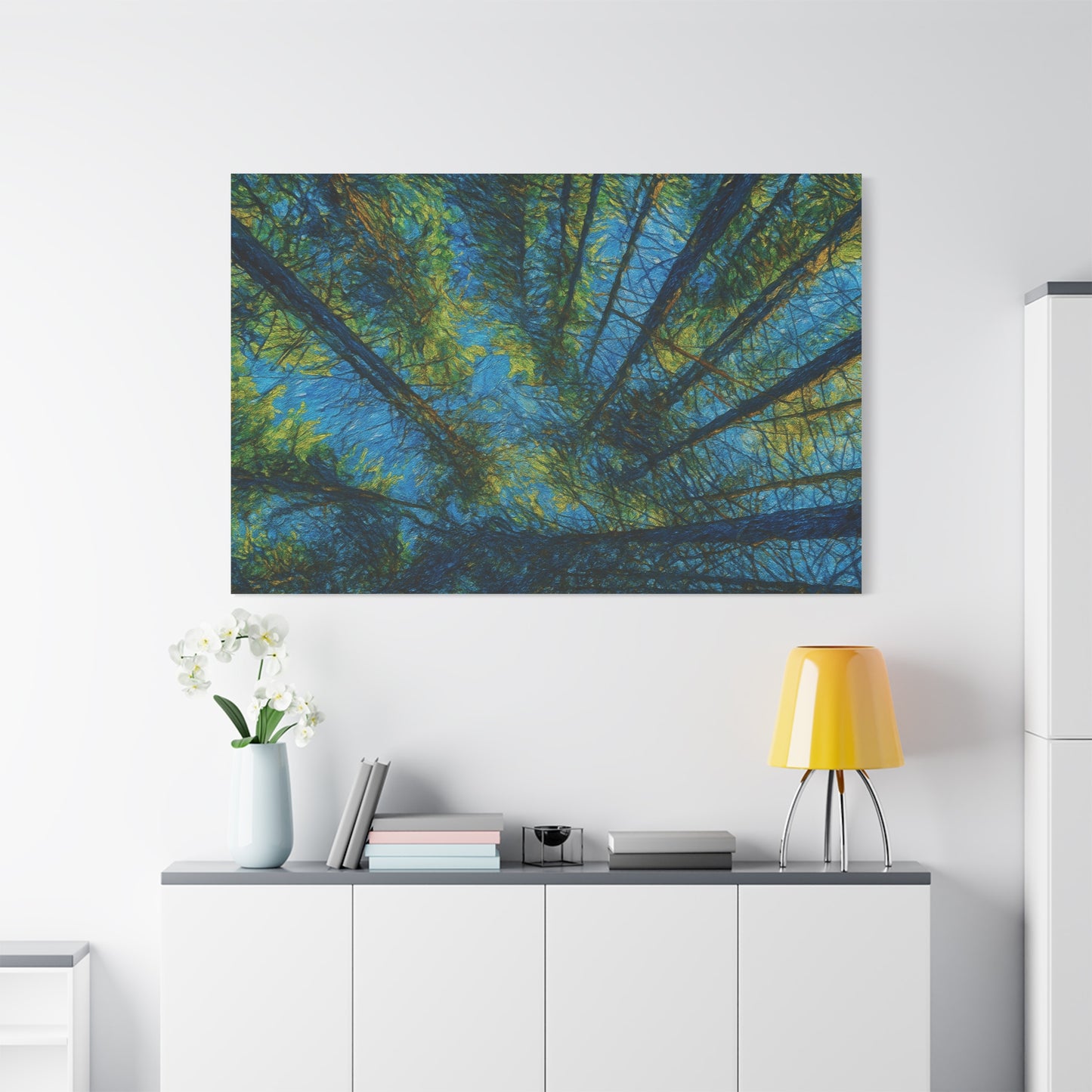 Forest Canopy Matte Canvas Wall Art — Upward View of Trees, Blue & Green Nature Print